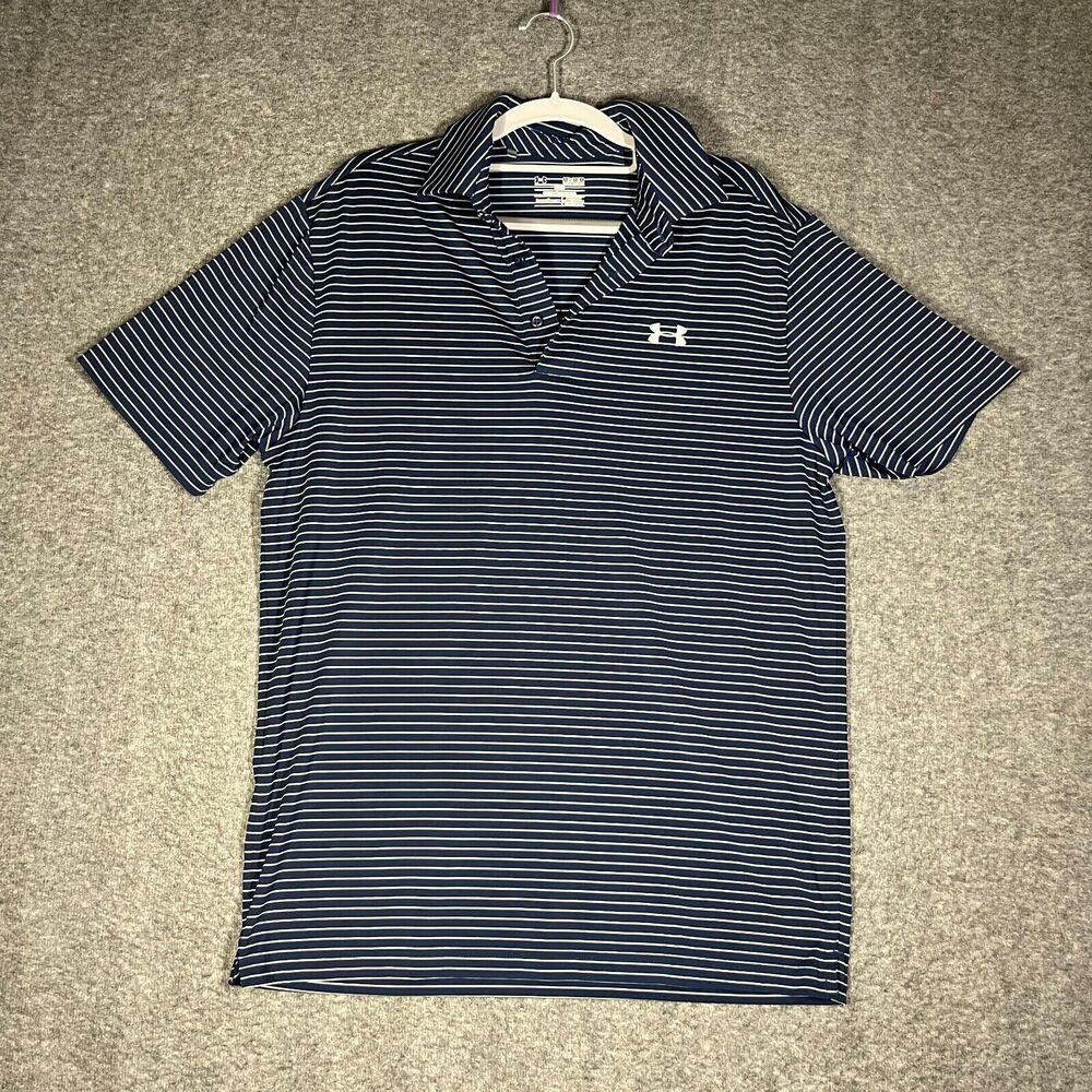 Under Armour Polo Shirt Men M Blue Striped Loose Fit Heat Gear Performance Golf